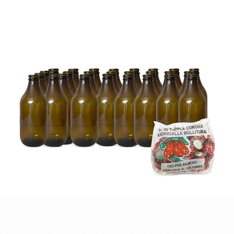 bottiglie in vetro colore marrone da 330 ml per fare la salsa e relativi tappi a corona rossi (idonei alla bollitura)