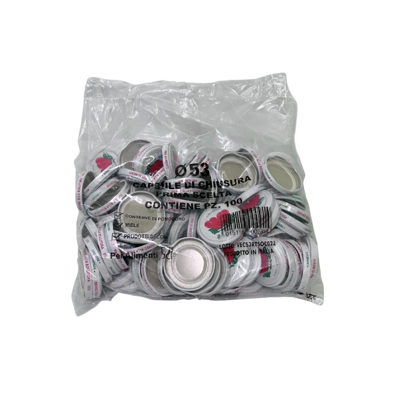 Confezione da 100 tappi in metallo Ø 53 mm decorati con pomodoro, ideali per conserve e barattoli