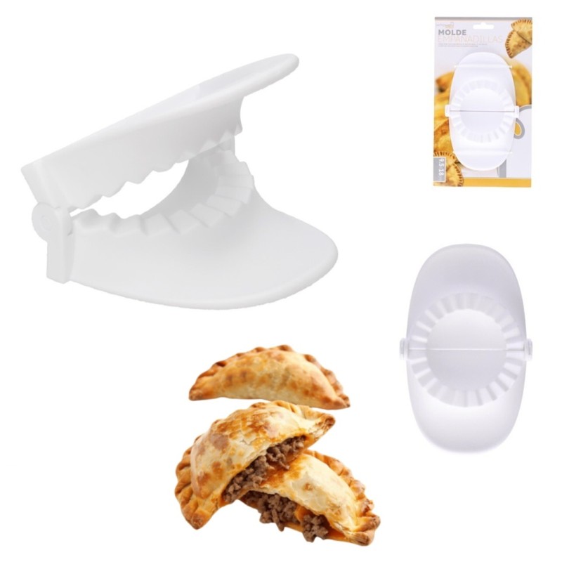 Stampo per empanadas 9,5 cm in plastica bianca con esempio di ravioli ripieni