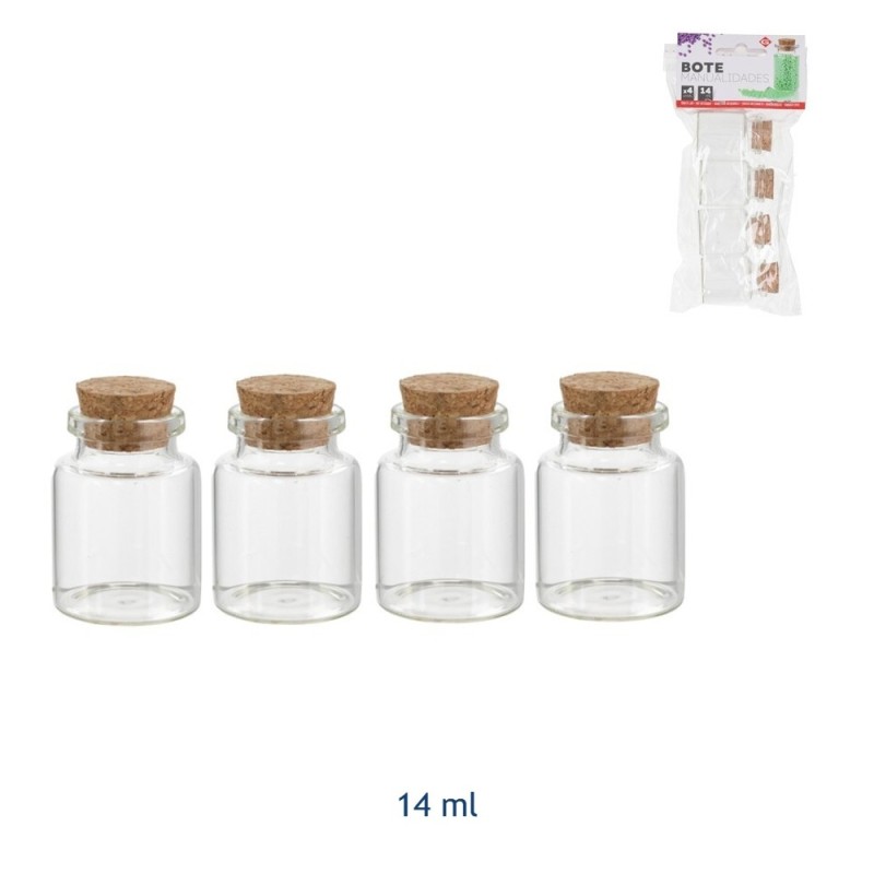 Set di 4 mini flaconi in vetro da 14 ml con tappo in sughero dimensioni 3x4 cm