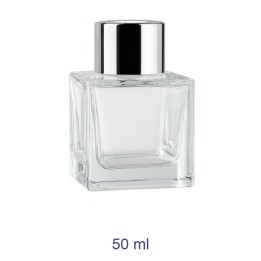 Flacone diffusore quadrato 50 ml trasparente con tappo forato argento e sotto tappo Ragstore