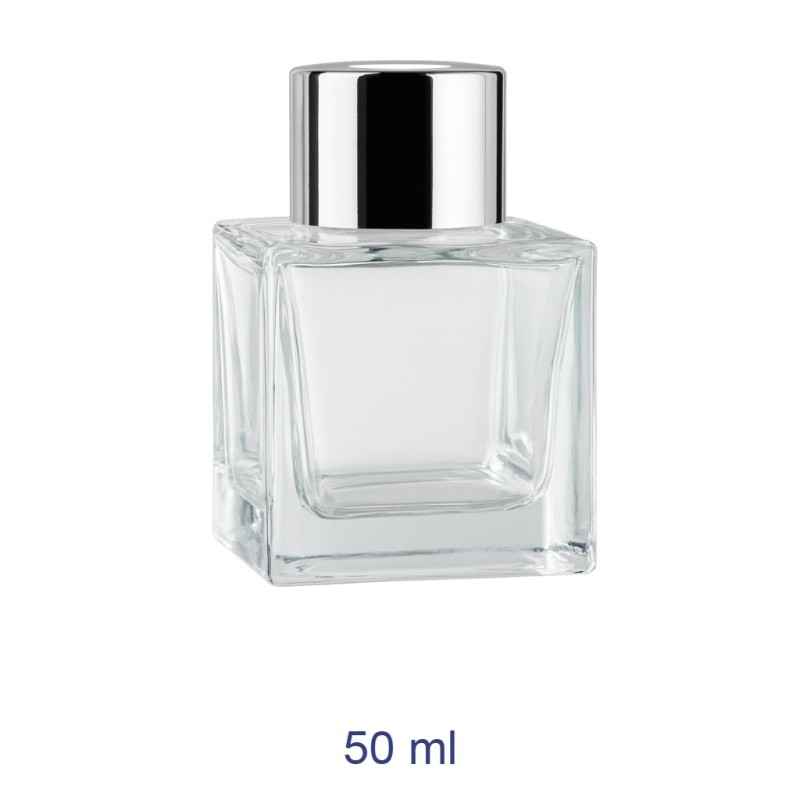 Flacone diffusore quadrato 50 ml trasparente con tappo forato argento e sotto tappo Ragstore