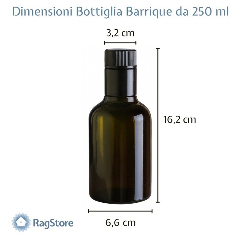 Dimensioni bottiglia olio Barrique da 250 ml completa di tappo versatore anti frode