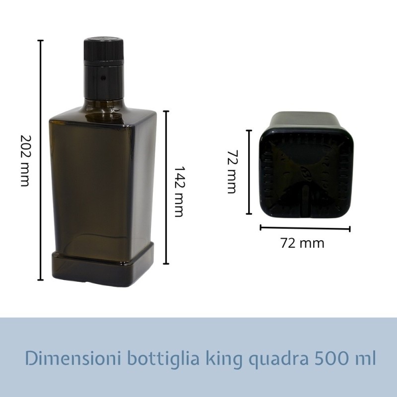 Dimensioni della bottiglia king quadra da 500 ml con tappo anti frode nero