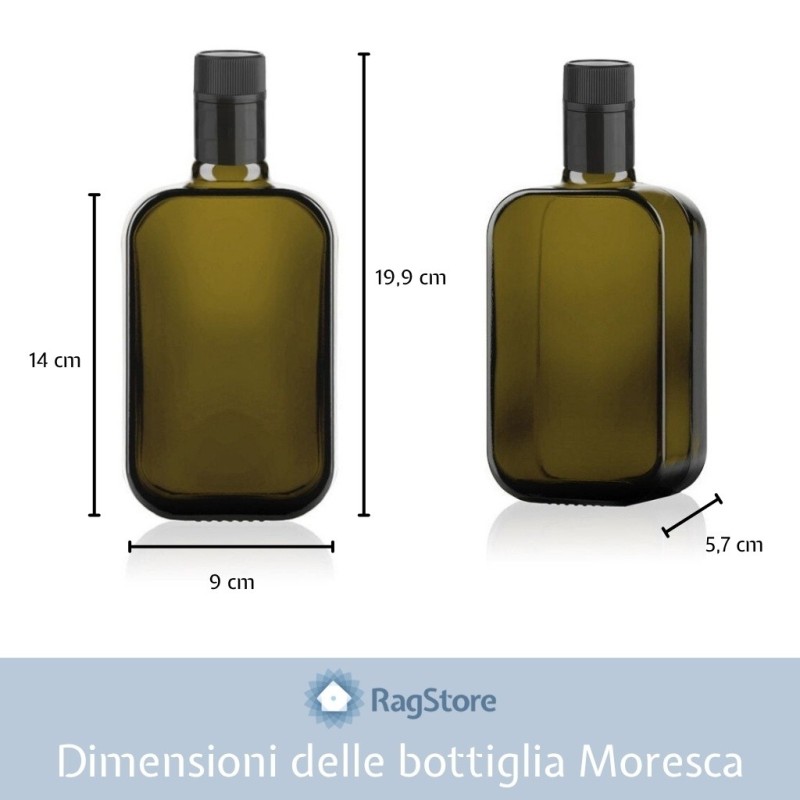 Dimensioni della bottiglia vetro Moresca da 500 ml per olio e liquori. Vetro scuro con tappo anti frode