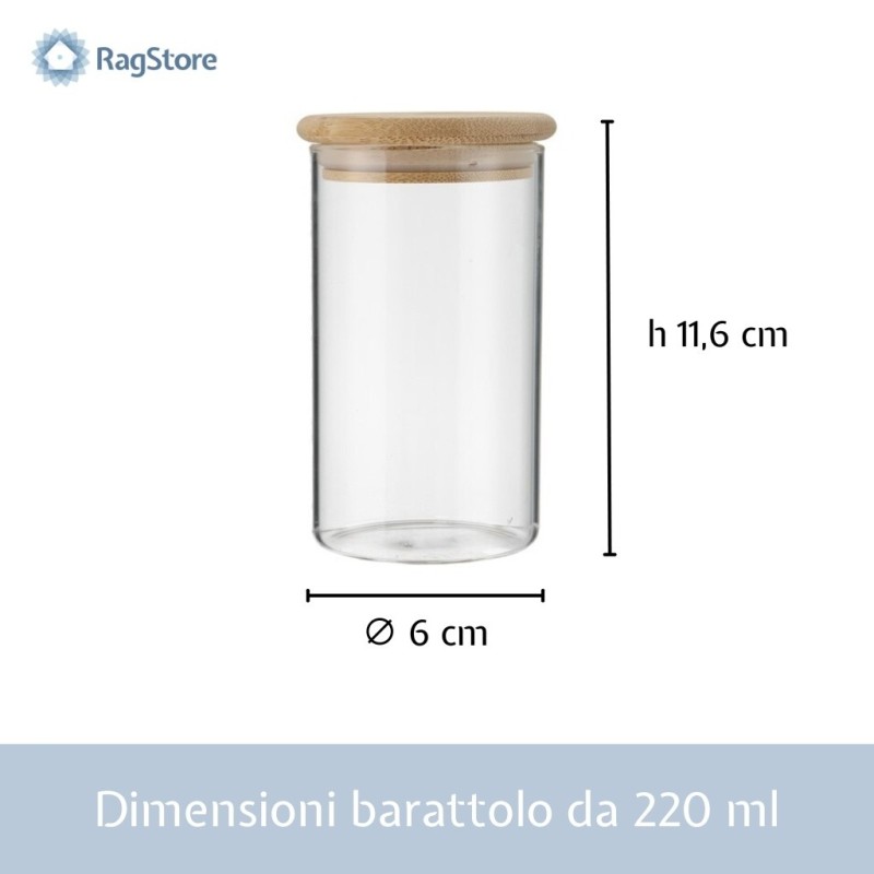 Dimensioni del barattolo contenitore in vetro cilindrico borosilicato da 220 ml