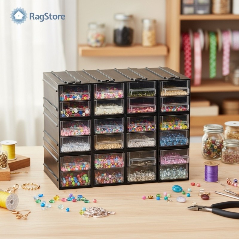 Cassettiera componibile 24 cassetti trasparenti utilizzata per perline e accessori creativi Ragstore