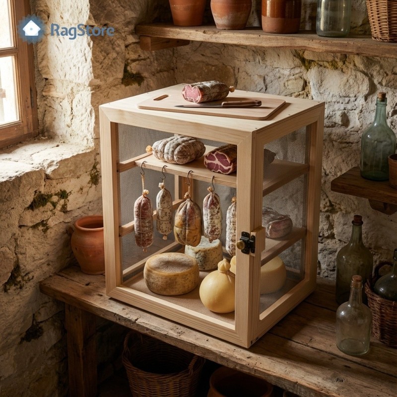 Cofanetto in legno con rete areata per essiccazione di salumi