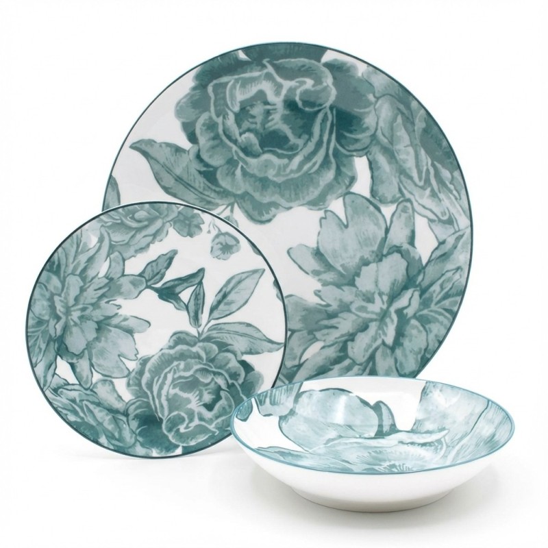 Servizio piatti da tavola in porcellana 18 pezzi Bouquet Ottanio con decoro floreale