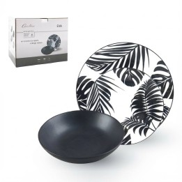 Servizio piatti Eva in porcellana 18 pezzi bianco e nero con decoro tropicale foglie, set per 6 persone
