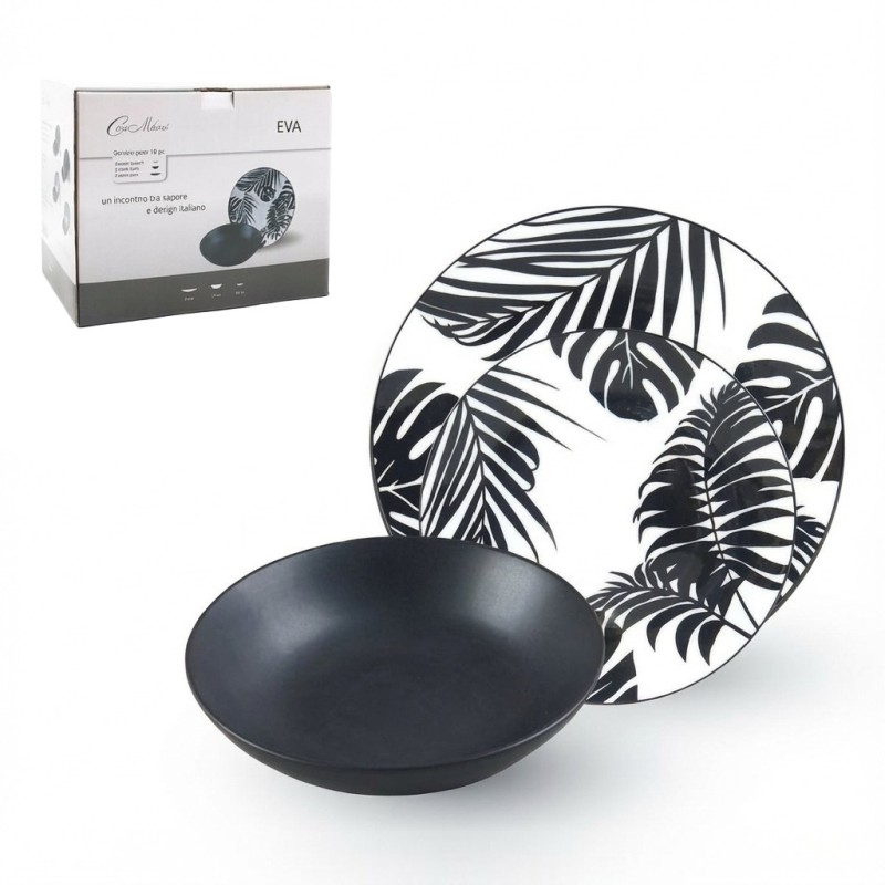 Servizio piatti Eva in porcellana 18 pezzi bianco e nero con decoro tropicale foglie, set per 6 persone