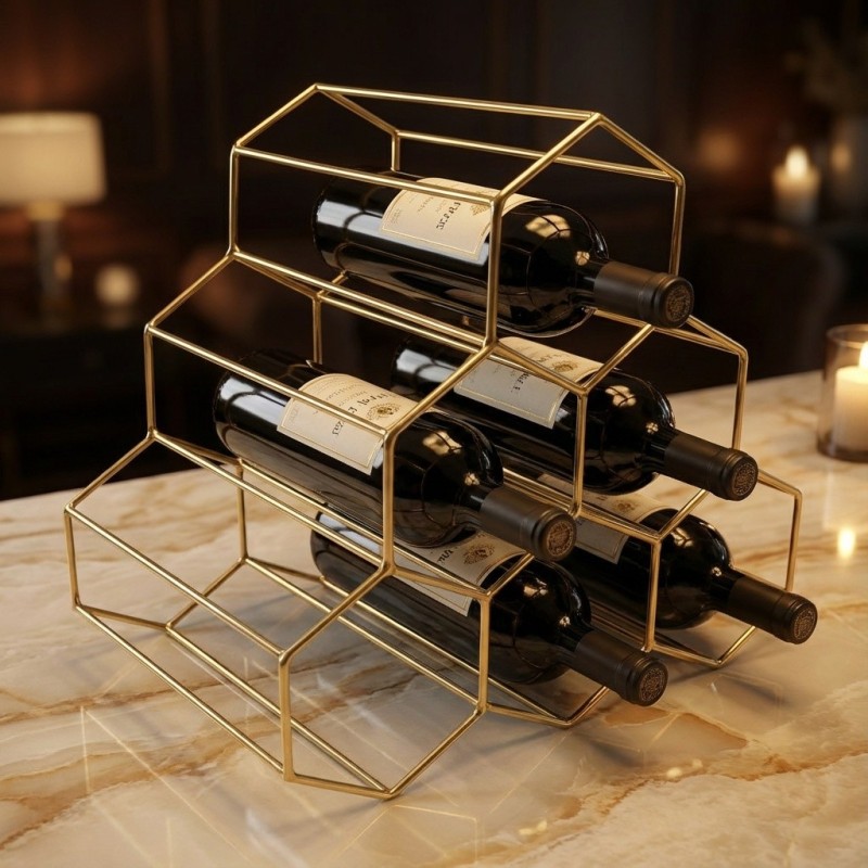Portabottiglie design in ferro dorato con bottiglie di vino su piano in marmo, elegante angolo bar