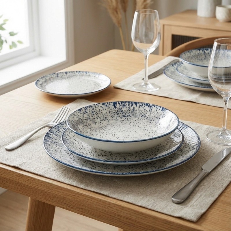 Set 18 piatti in porcellana moderni con decori blu modello Arke