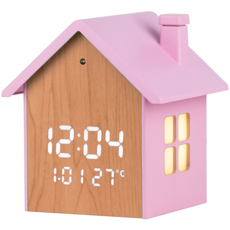 Sveglia digitale LED rosa a forma di casetta per bambini dimensioni 9x10x7,5 cm
