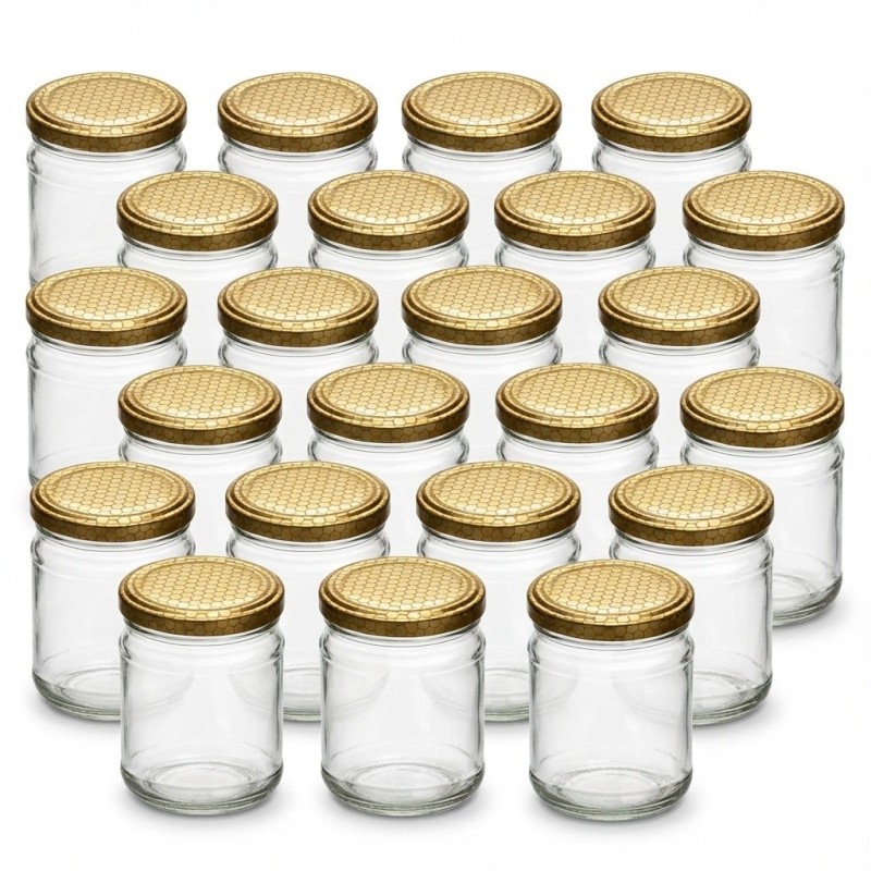 Set 24 barattoli in vetro trasparente con tappo alveare per 250 g di miele
