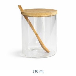 Barattolo cilindrico in vetro borosilicato 310 ml con tappo in legno e cucchiaino integrato