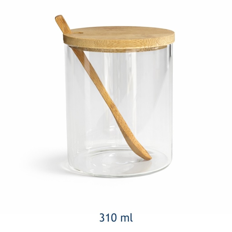 Barattolo cilindrico in vetro borosilicato 310 ml con tappo in legno e cucchiaino integrato
