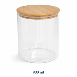 Barattolo cilindrico in vetro trasparente da 900 ml con tappo in legno naturale, dimensioni 11x11x12,5 cm