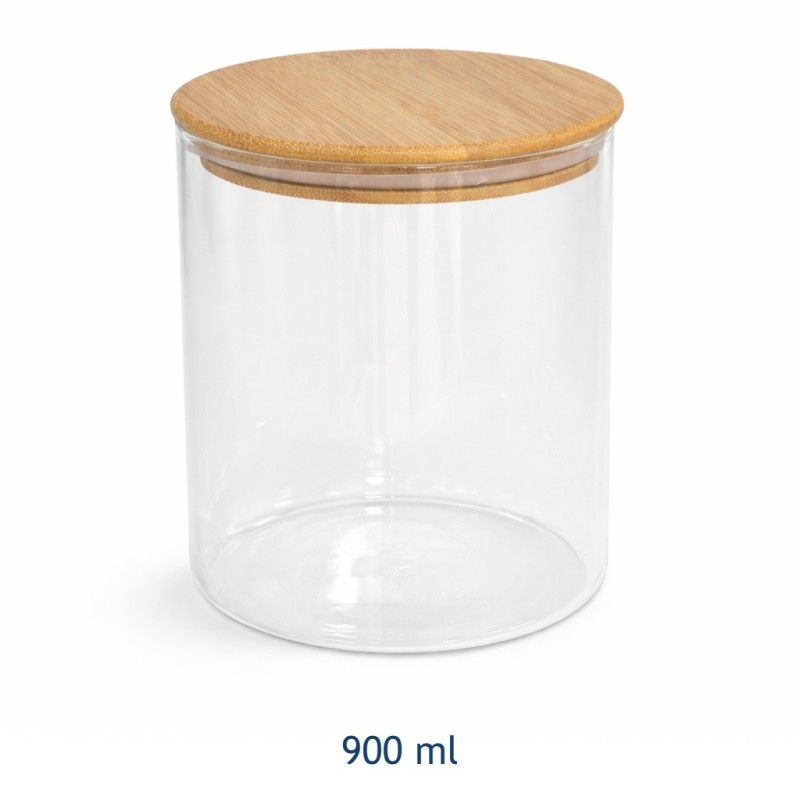 Barattolo cilindrico in vetro trasparente da 900 ml con tappo in legno naturale, dimensioni 11x11x12,5 cm