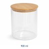 Barattolo cilindrico in vetro trasparente da 900 ml con tappo in legno naturale, dimensioni 11x11x12,5 cm