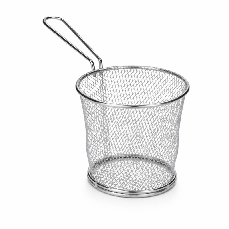 Mini cestello rotondo per frittura in metallo cromato Ø 10 cm con maniglia, ideale per servire patatine fritte e snack a tavola