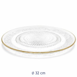 Piatto in vetro porta dolci Kira Ø 32 cm con lavorazione incisa e bordo color oro, ideale per torte e dessert eleganti