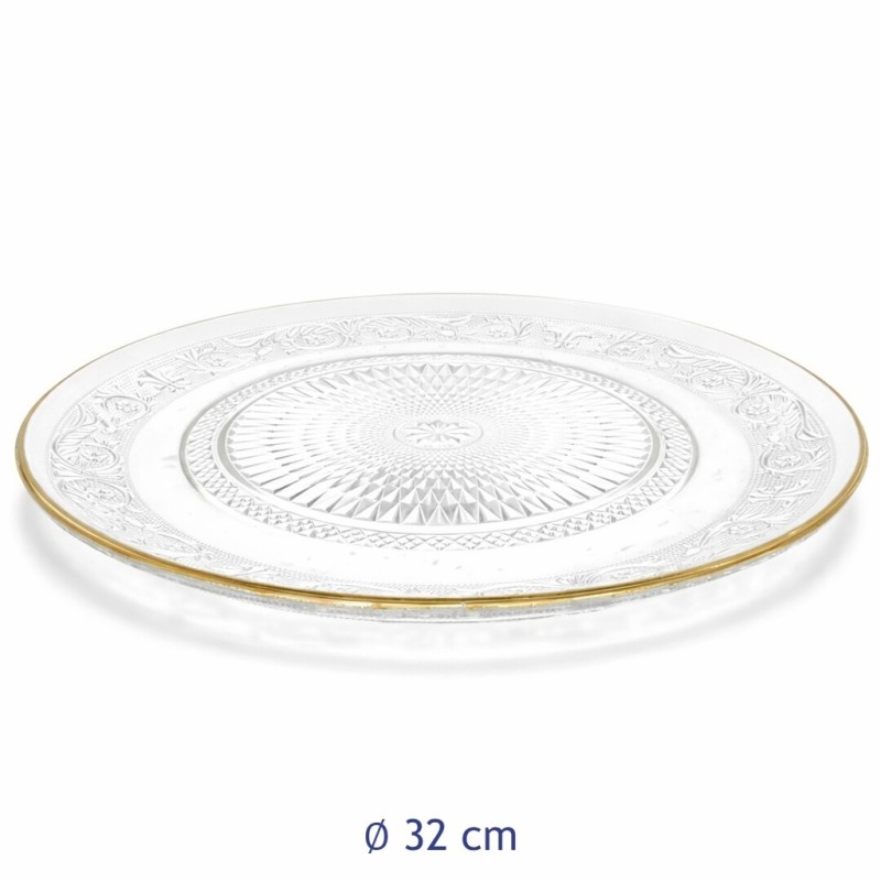 Piatto in vetro porta dolci Kira Ø 32 cm con lavorazione incisa e bordo color oro, ideale per torte e dessert eleganti