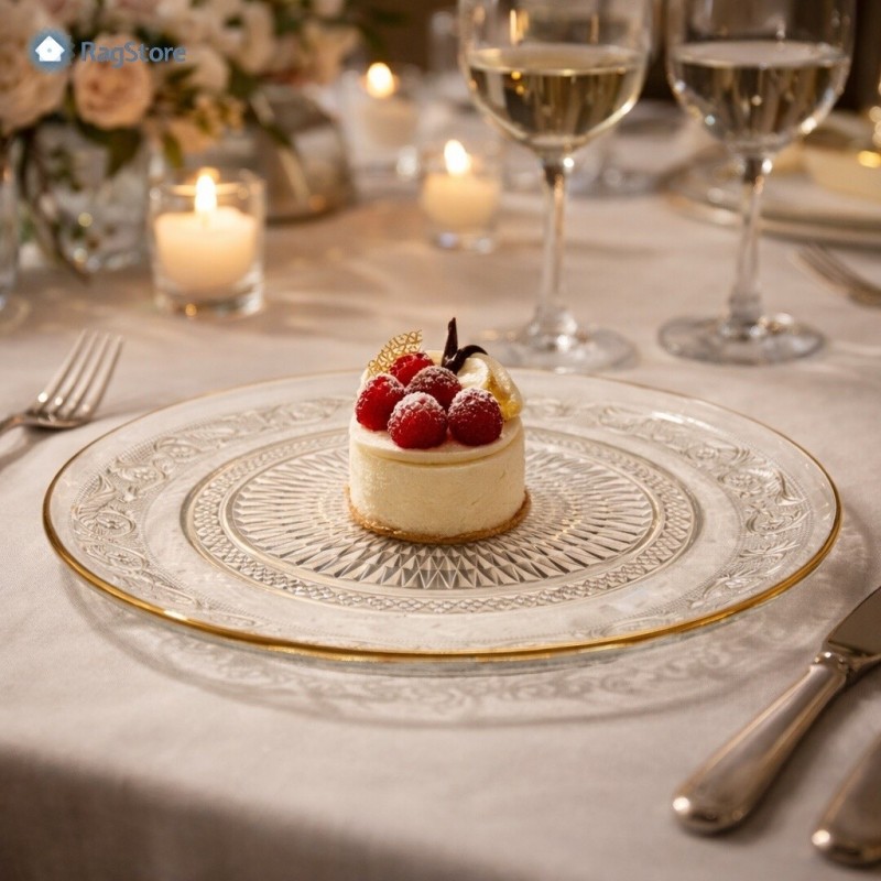 Piatto in vetro decorato con bordo oro utilizzato per servire una torta su tavola elegante, ideale per occasioni speciali