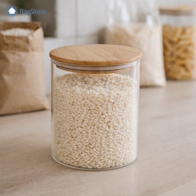 Barattolo in vetro 900 ml con tappo in legno utilizzato in dispensa, contenitore per riso, biscotti e cereali