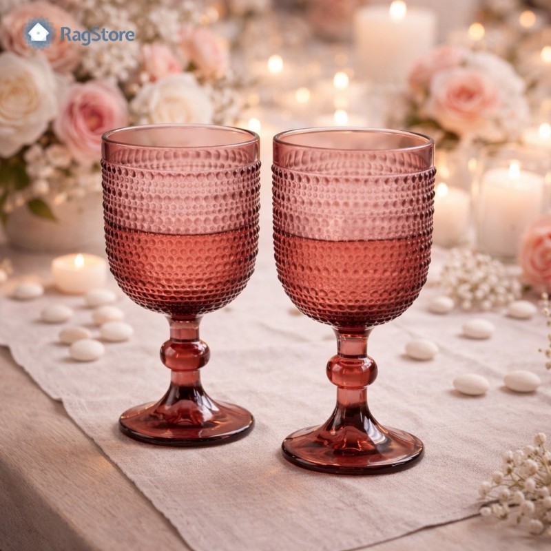 Coppia di calici Gioia rosa in vetro colorato da 350 ml, decorazione raffinata per matrimonio