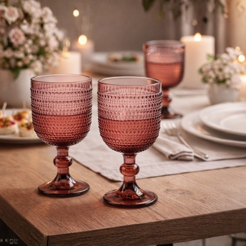 Calici Gioia in pasta di vetro rosa da 350 ml con texture puntinata, allestimento romantico con fiori