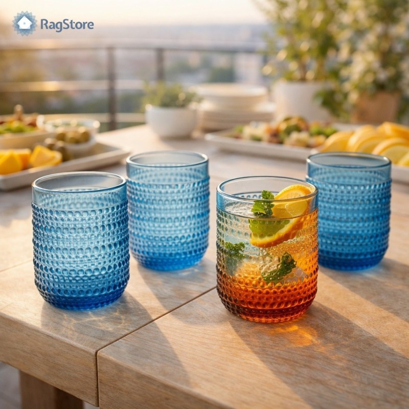 Bicchieri azzurri per aperitivo in terrazza