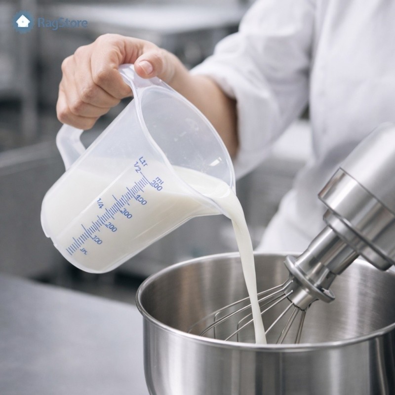 Brocca in plastica graduata trasparente per versare il latte in pasticceria