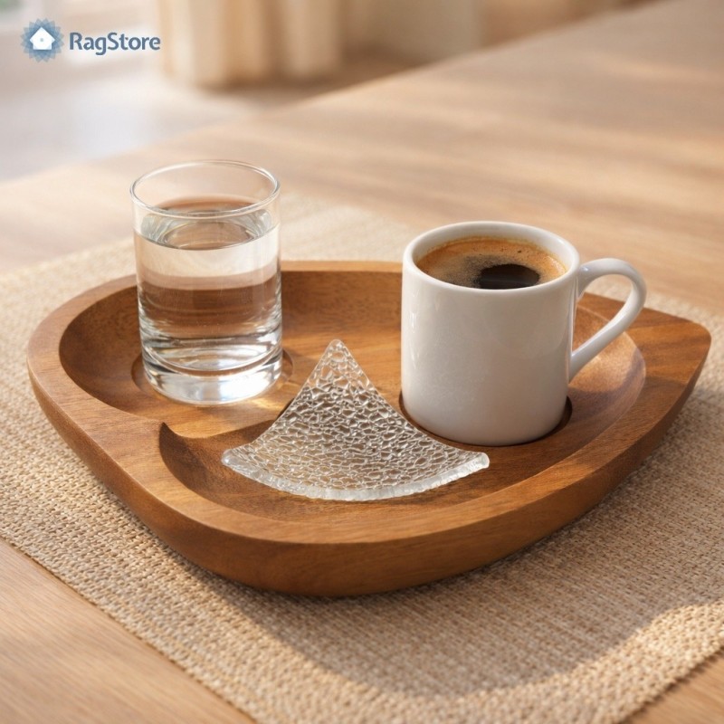 Set da caffè Love Paderno 4 pezzi con vassoio in legno a forma di cuore, tazzina in porcellana e accessori in vetro