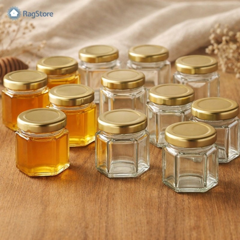 Confezione da 12 vasetti in vetro esagonali da 45 ml con tappi oro, soluzione completa per bomboniere miele