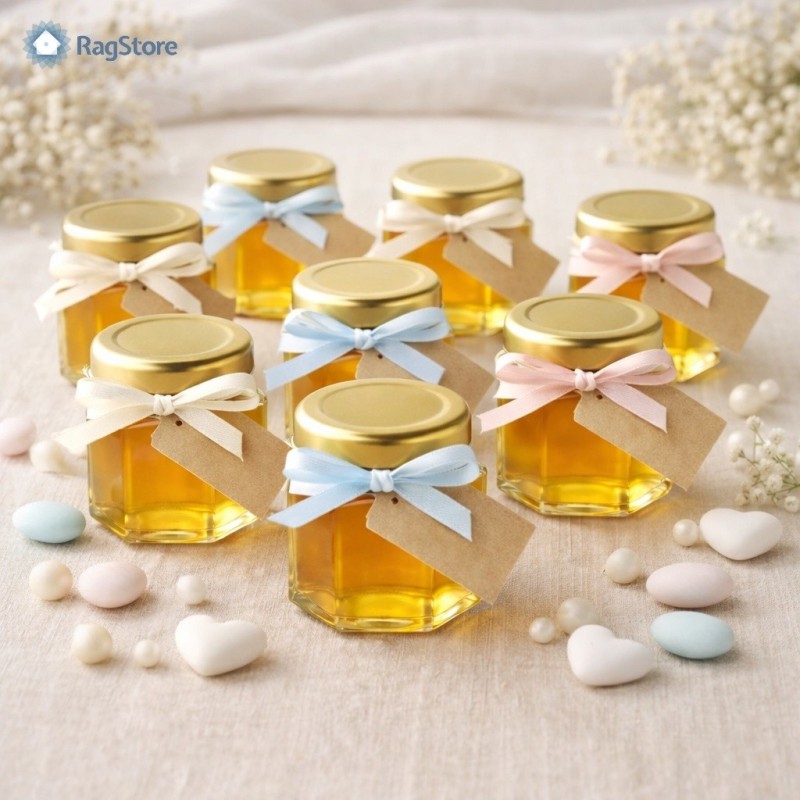 Bomboniere miele fai da te con barattoli esagonali in vetro 45 ml e tappo oro, stile elegante e raffinato