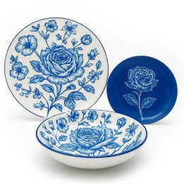 Servizio piatti da tavola in porcellana Rose Blu 18 pezzi con decoro floreale blu, composto da  piano, fondo e frutta