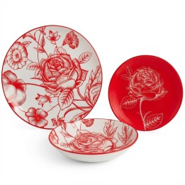 Servizio piatti da tavola in porcellana Rose Rosse 18 pezzi con decoro floreale rosso