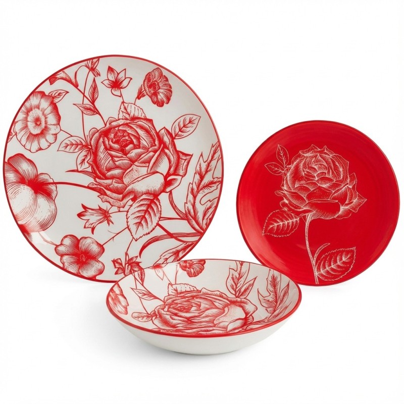 Servizio piatti da tavola in porcellana Rose Rosse 18 pezzi con decoro floreale rosso