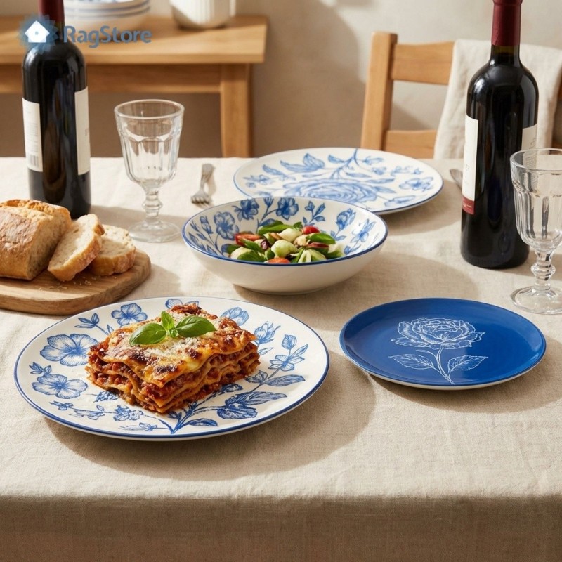 Servizio piatti in porcellana Rose Blu apparecchiato su tavolo con piatti decorati floreali blu, ideale per una tavola elegante