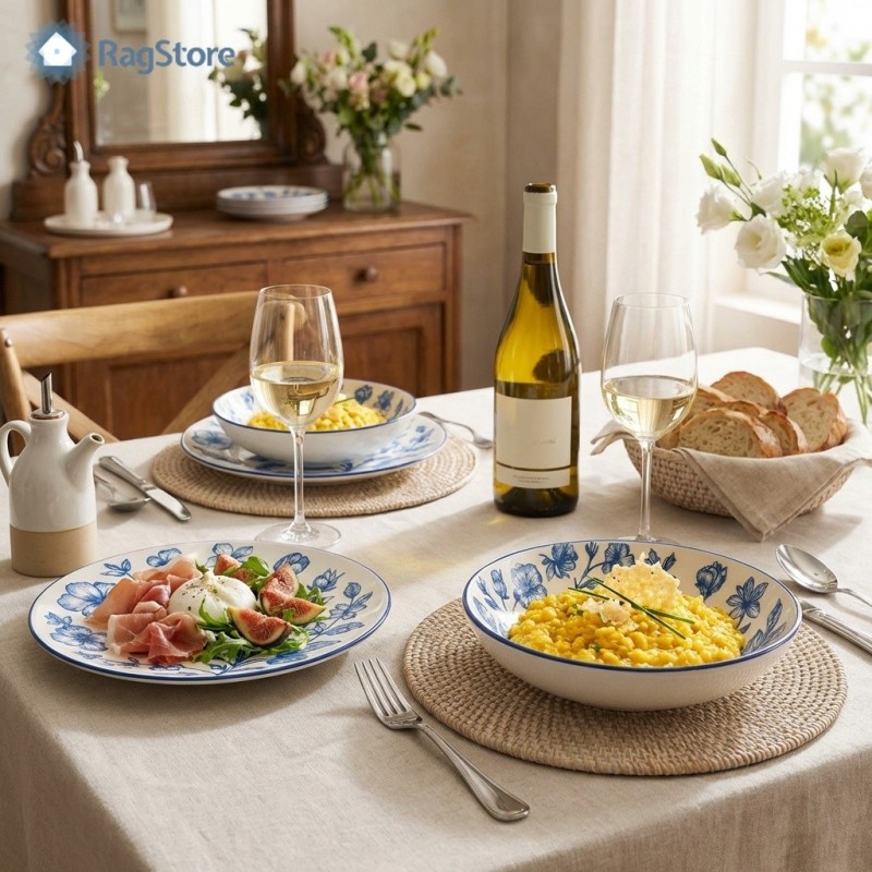 Servizio piatti da tavola Rose Blu in porcellana con decorazione floreale blu, presentazione su tavola imbandita