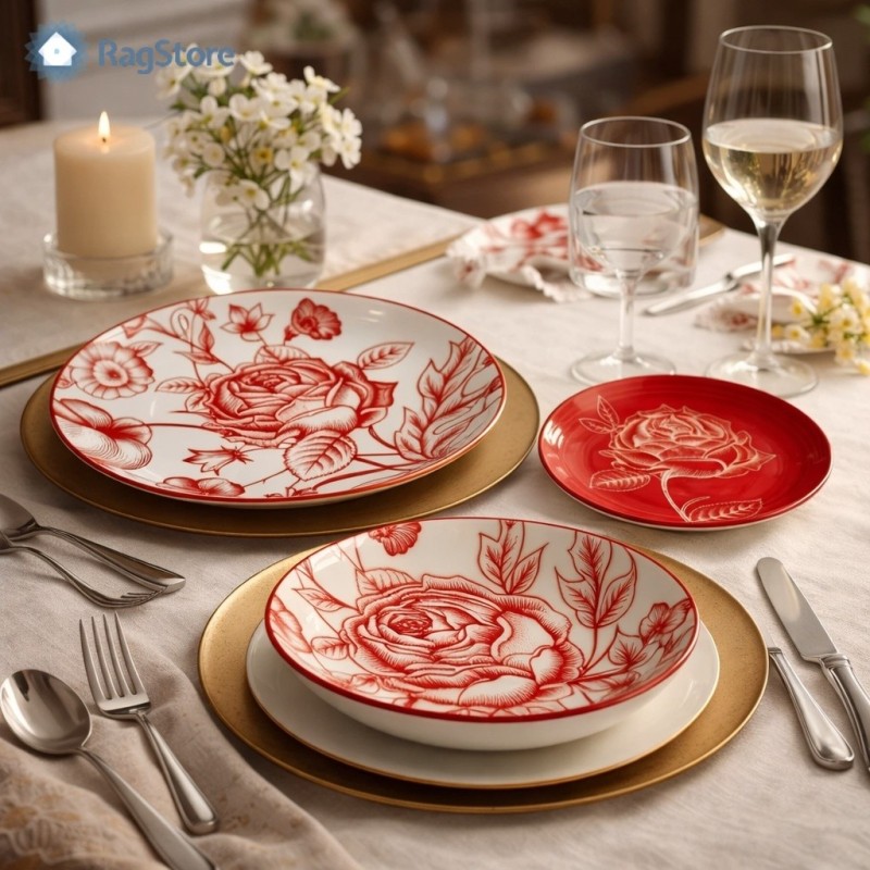 Servizio piatti in porcellana Rose Rosse apparecchiato su tavolo elegante, piatti decorati floreali rossi