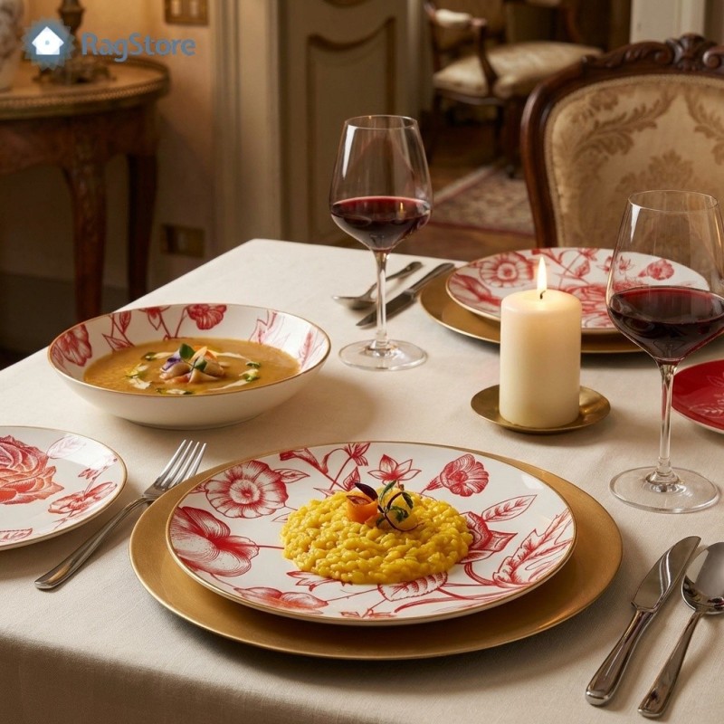 Servizio piatti Rose Rosse in porcellana con decorazione floreale rossa su tavola imbandita, perfetto per cene