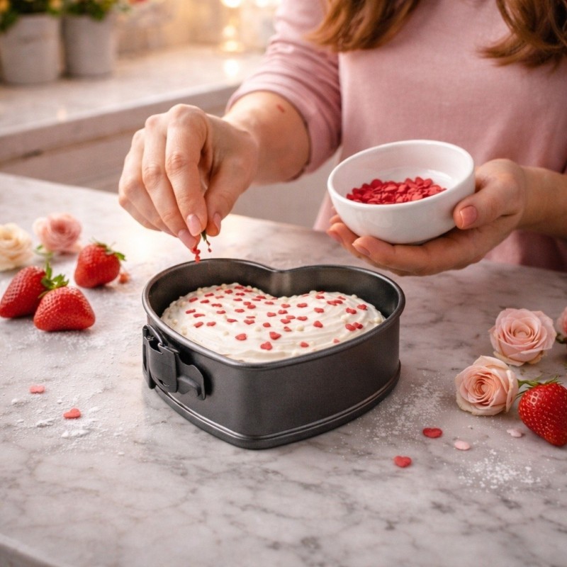 Teglia a cuore antiaderente con cerniera utilizzata per torta decorata, ideale per dolci e occasioni speciali