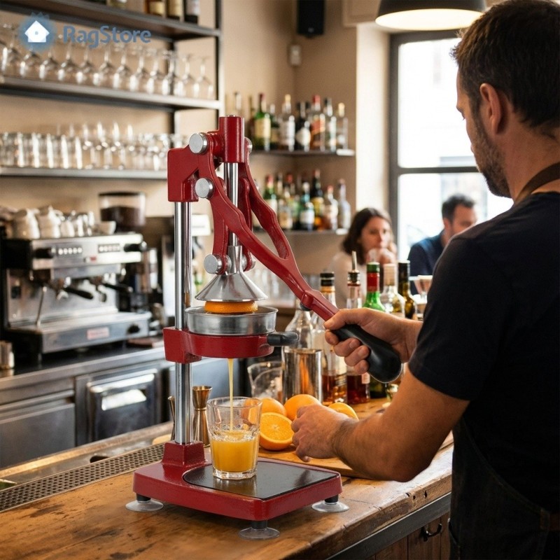 Spremiagrumi professionale a leva in uso su banco bar, struttura in ghisa verniciata rossa, spremitura manuale