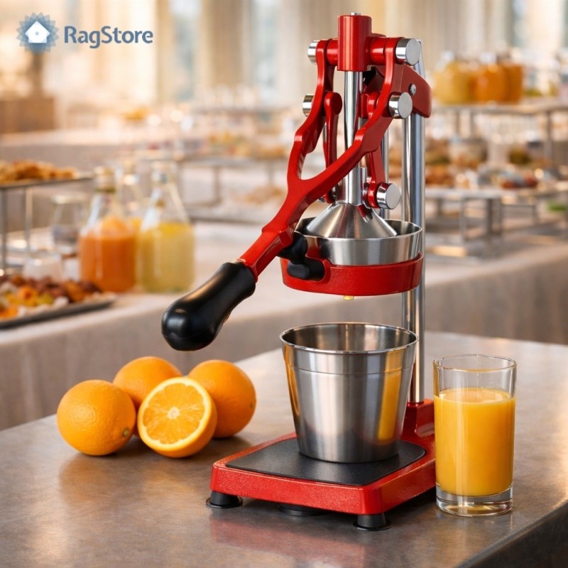 Spremiagrumi a leva professionale rosso per hotel e ristorazione, stabile e resistente, ideale per servizio colazioni e buffet
