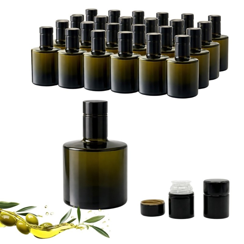 Kit 24 bottiglie Vanessa 250 ml in vetro verde con tappi Guala neri, ideali per bomboniere olio e liquori