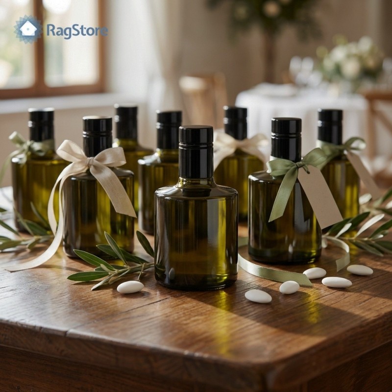 Bottiglie Vanessa 250 ml vetro verde con tappo nero, allestite come bomboniere eleganti per matrimonio