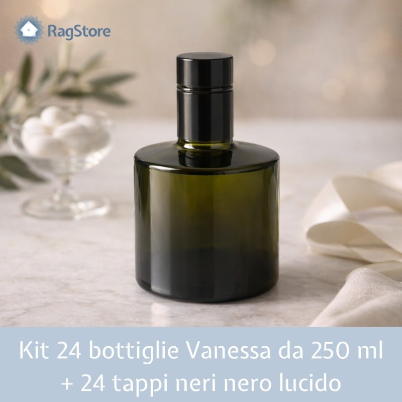Bottiglia Vanessa 250 ml in vetro verde con tappo Guala nero lucido per olio e liquori artigianali