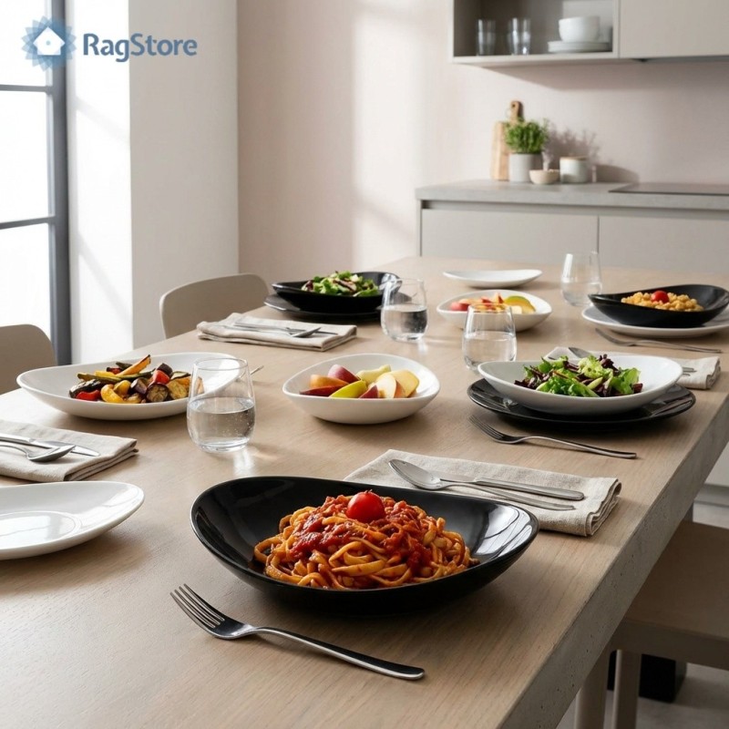 Tavola da pranzo con piatti in arcopal bianco e neri (luce e ombre) - RagStore